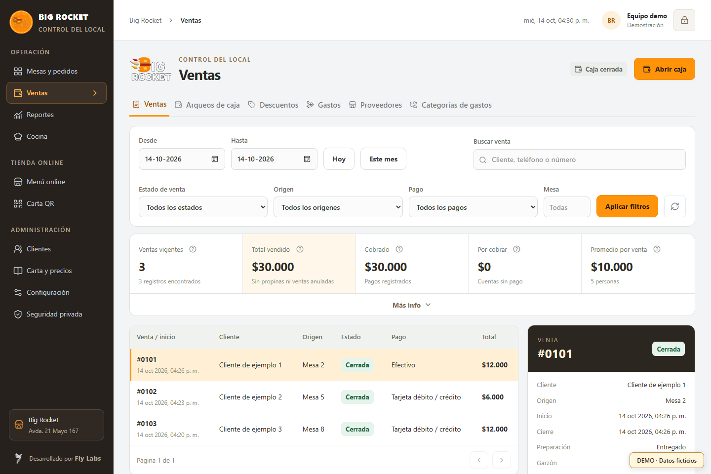 Ventas y caja de Big Rocket con cuentas y montos de demostración.